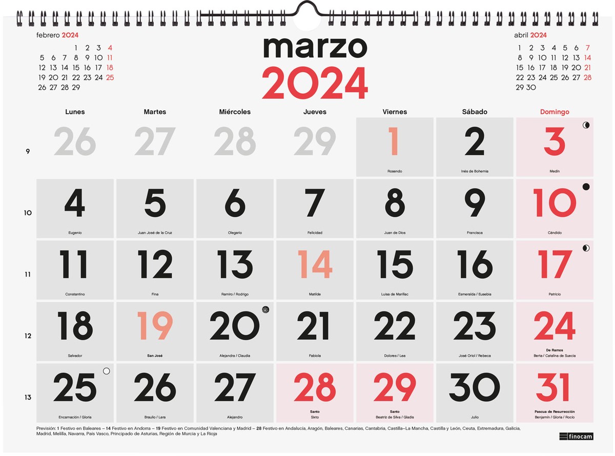 Calendario 2024 Pared Grande Español 16 meses